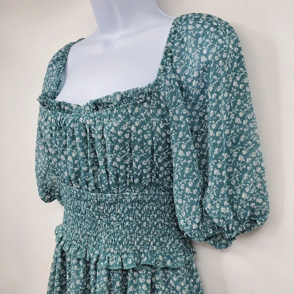 Trixxi Teal Floral Puff Sleeve Mini Dress